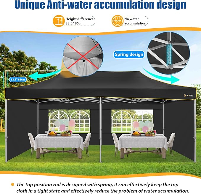 HOTEEL 10x20 Pop up Canopy Tent for Parties, Heavy Duty Easy Setup Tent with 4 Sidewalls, Outdoor Commercial Instant Gazebo for Wedding Event, with Roller Bag & Sand Bags, Black(Hexagonal Frame)