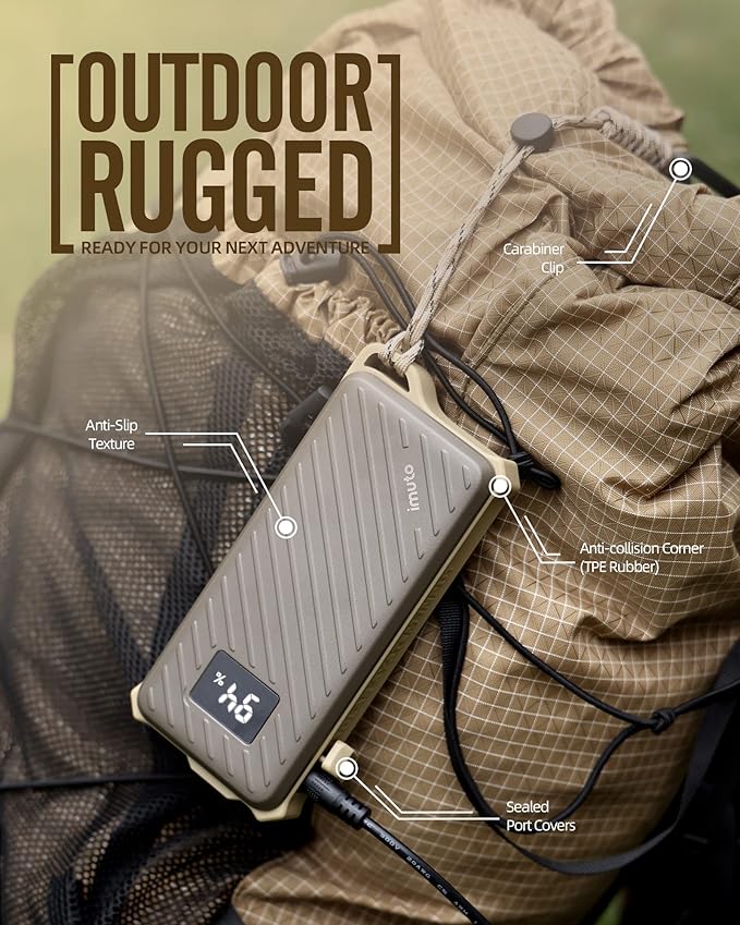 imuto Waterproof Power Bank, 20000mAh Portable Charger 65W Fast Charging USB C PD 3.0 Heavy Duty Battery Pack, Rugged Power Bank for iPhone Tablet Laptop Hiking Travel Camping