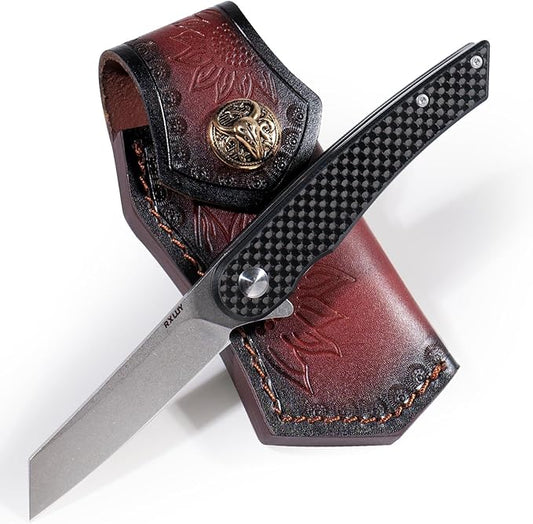 Folding Pocket Knife with Leather Sheath, 2.79” 14C28N Steel Blade Carbon Fibre Handle Flipper Liner Lock Small EDC Folding Knife, Sharp Camping Outdoor Survival Knives for Men Women (Black)