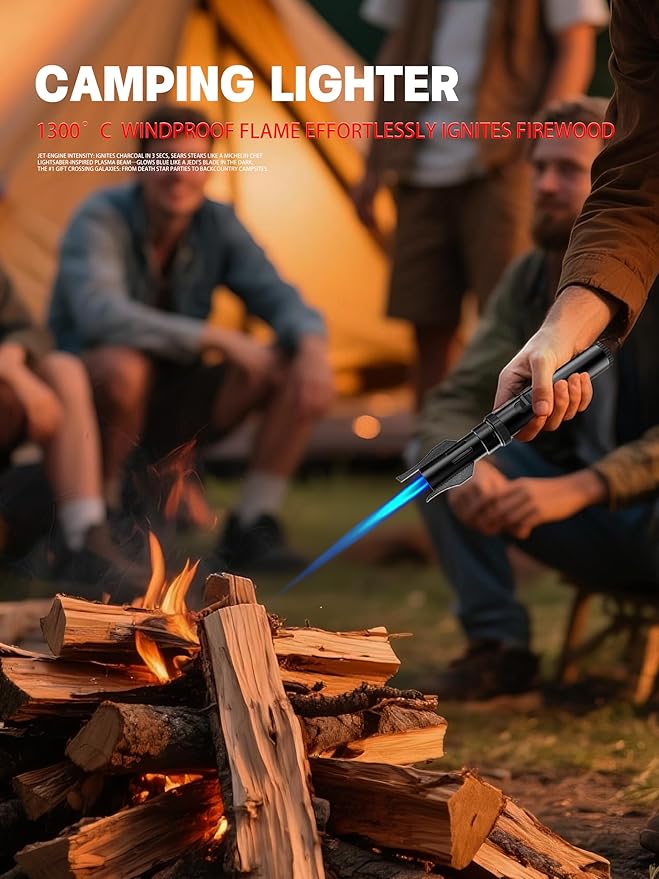 Bright Fire Torch Lighter Butane Refillable, Long Jet Flame Butane Lighter with Long Handle, Adjustable Windproof Lighters for Cooking Fireplace Camping BBQ Lighters Gift for Man (Without Fuel) Black