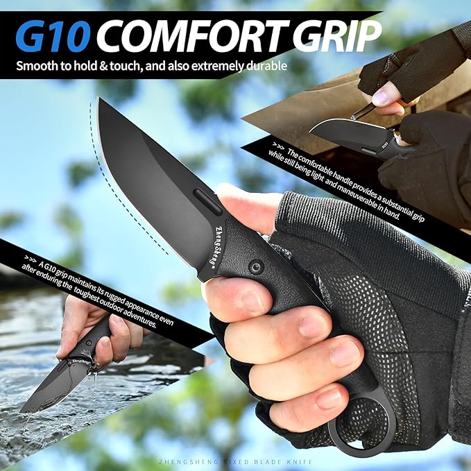 Fixed Blade Knife with Sheath, 3.2” DC53 Steel blade with Black Titanium Coating and G10 Handle Full Tang Outdoor Camping Hiking Survival Knives for Men Women