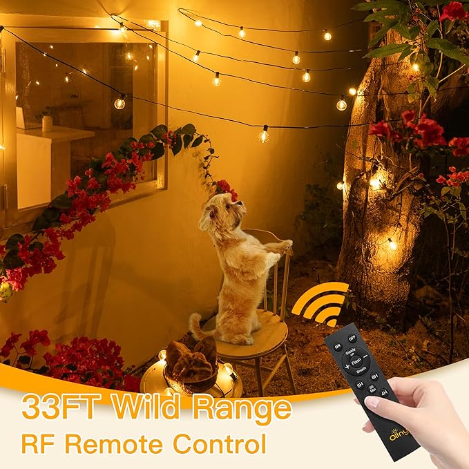 Ollny 110FT Solar String Lights for Outside, Waterproof Remote Control Dimmable Timers 3Modes Outdoor Light with 50 LED + 2 Spare Shatterproof Bulb, G40 Hanging Lights for Patio Pool House Garage