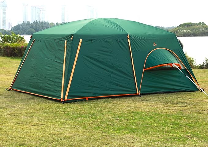 KTT Extra Large Tent 6-10-12-14 Person(A),Family Cabin Tents,2 Rooms,3 Doors and 3 Windows with Mesh,Straight Wall,Waterproof,Double Layer,Big Tent for Outdoor,Picnic,Camping,Family Gathering