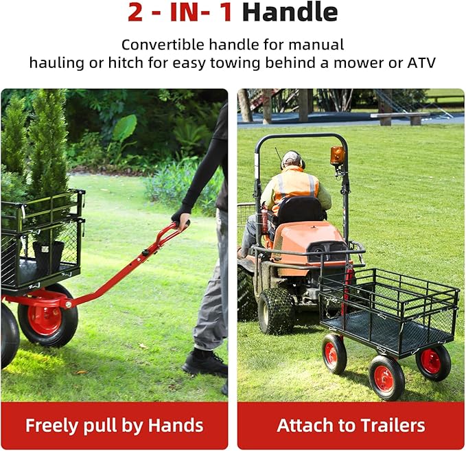 1400lbs Steel Garden Cart, Heavy Duty Yard & Garden Wagon w Removable Mesh Sides, Utility Metal Wagon Convert into Flatbed w 2-in-1 Rotating Handle, 16 inch All Terrain Wheels for Garden, Farm, Yard