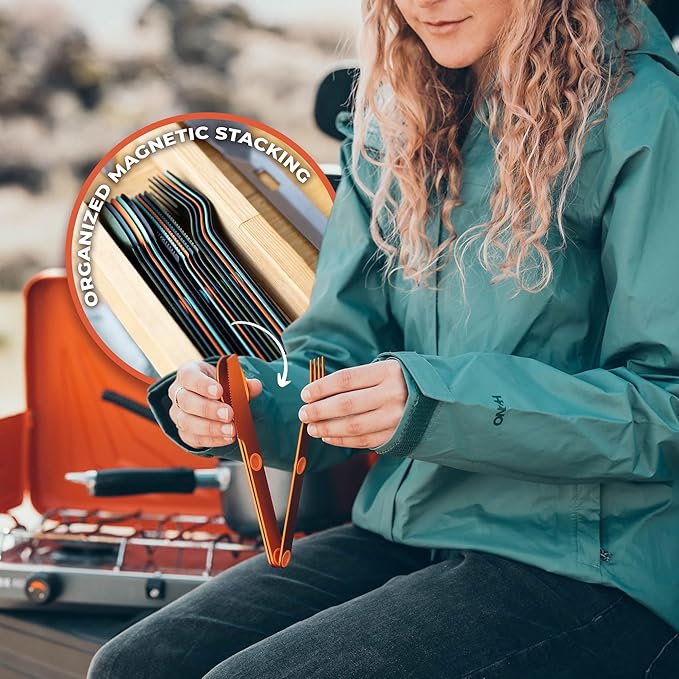 FULL WINDSOR - MAGWARE Magnetic Camping Cutlery Set - Travel Utensils for Camping, Cooking, and Outdoor Dining - Knife, Fork & Spoon - Portable Silverware with Pouch - Orange (3 PCS)