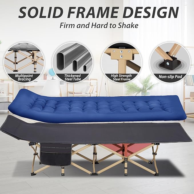 Folding Camping Cot for Sleeping, Portable Cots for Adults, Heavy Duty Cot Bed 550LBS(Max Load), Extra Wider Cots with Large Pocket for Outdoor, Office, Beach