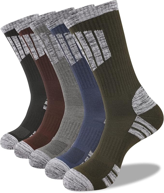 COOVAN Mens Hiking Crew Socks 5 Pairs Moisture Wicking Cushioned Athletic Boot Outdoor Socks