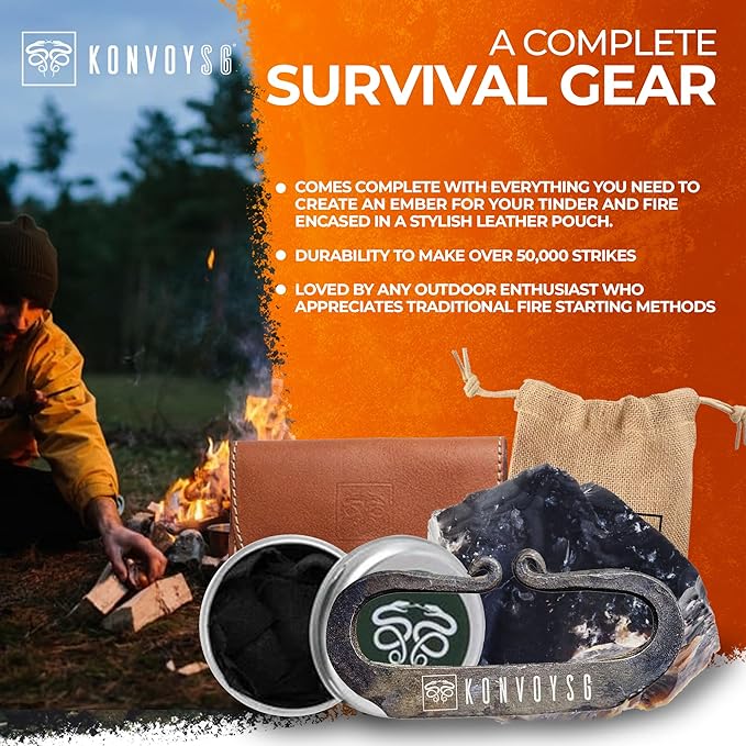 Carbon Steel Fire Striker, English Flint Stone & Char Cloth Traditional Hand Forged Fire Starter, Leather Gift Kit with Emergency Tinder Jute Bag