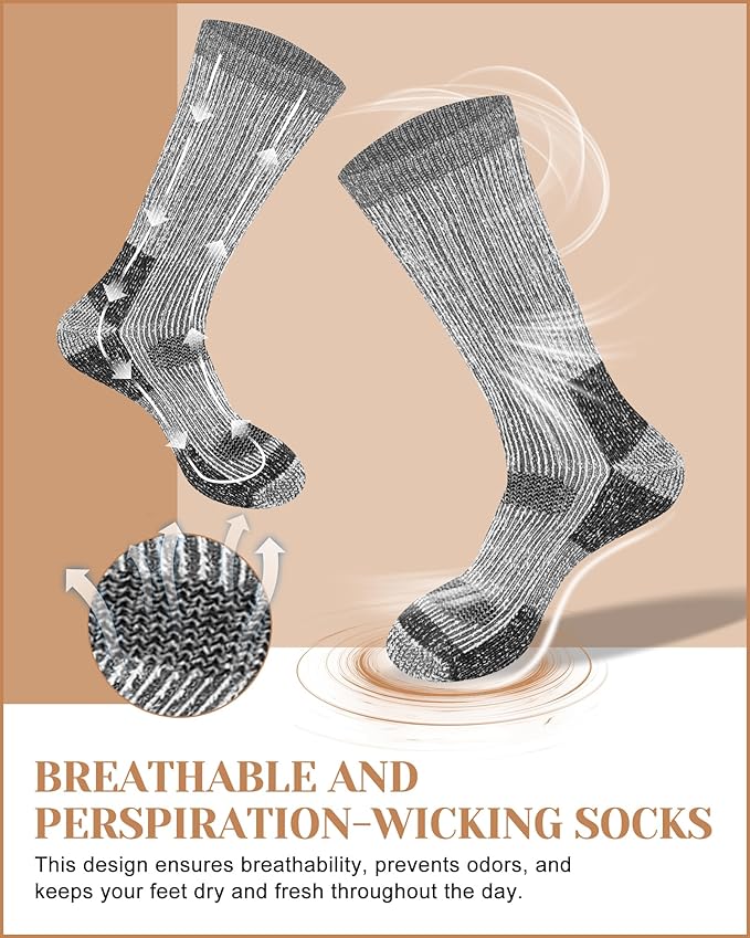 Merino Wool Thermal Socks for Men & Women, 3 Pairs Full Cushion Winter Boot Socks for Cold Weather Hiking Work