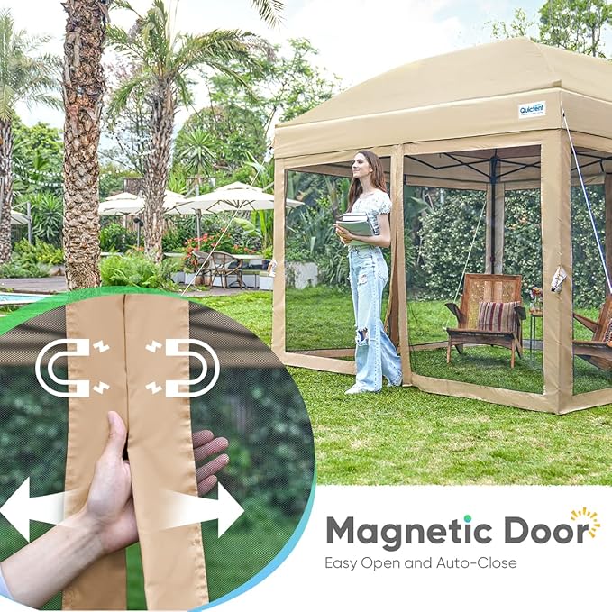Quictent 10’x10’ Pop up Canopy Tent with Netting, One Person Instant Setup Screen House Room Tent Screened- 2 Magnetic Doors Waterproof (Tan)