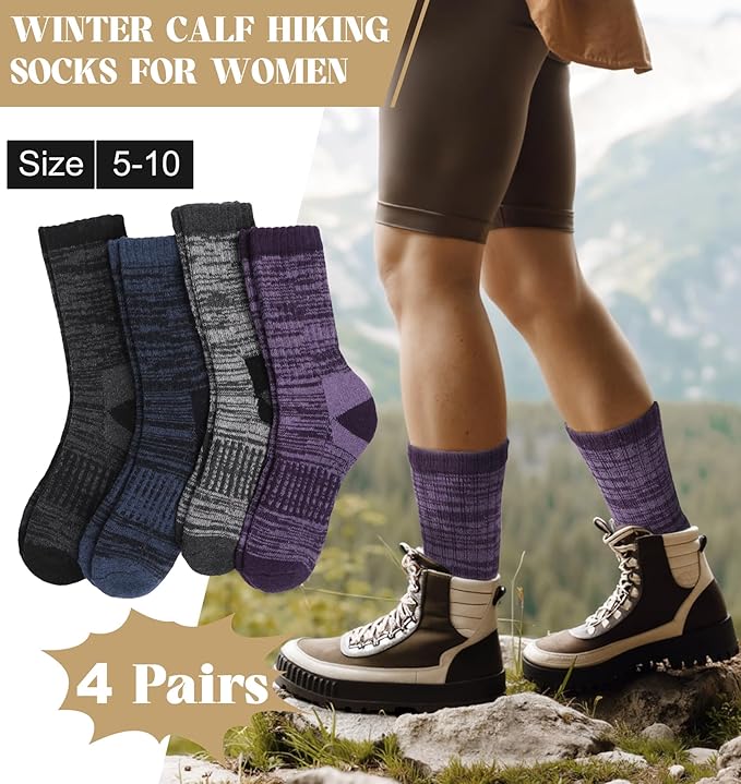 Justay 4 Pairs Merino Wool Socks for Women, Hiking Thermal Warm Winter Cozy Thick Boot Socks for Women Gifts