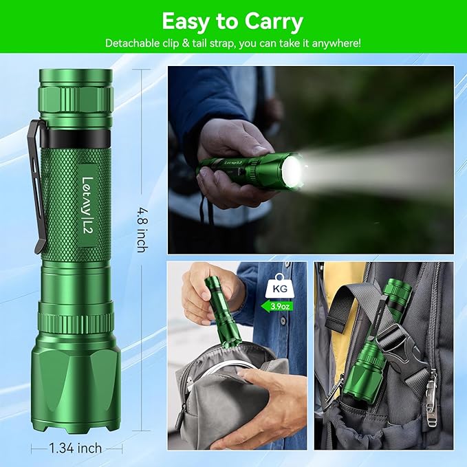 LETMY Rechargeable Flashlights High Lumens, 2 Pack 2000 Lumens Bright LED Tactical Flashlight, 3 Modes Samll Powerful Flash Lights with Clip, Waterproof Flashlights for Home Emergency Camping (Green)