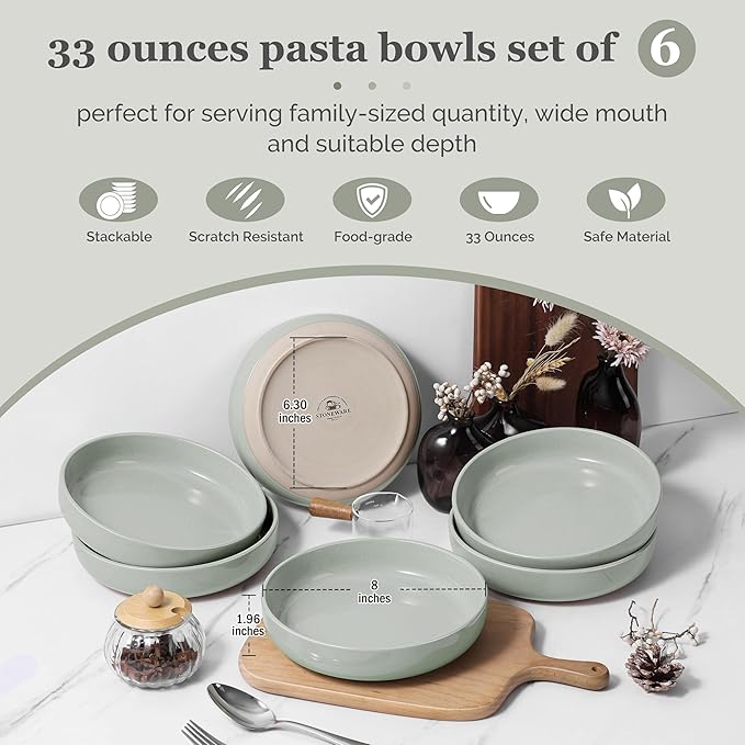 HaWare Pasta Bowls Set of 6, 33oz Large Salad Bowls for Home Kitchen, Ceramic Serving Plates for Soup, Cereal, Wide and Shallow Dinner Bowl, Microwave & Dishwasher Safe, Asparagus Green
