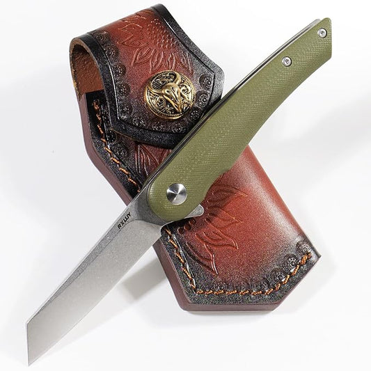 Folding Pocket Knife with Leather Sheath, 2.79” 14C28N Steel Blade Micarta Handle Flipper Liner Lock Small EDC Folding Knife, Sharp Camping Hunting Outdoor Survival Knives for Men Women (Green)