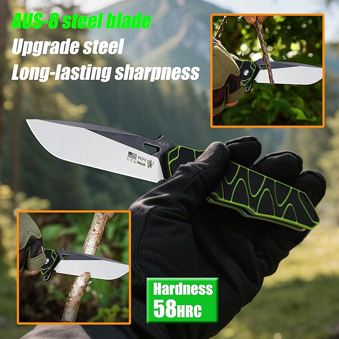 8.4in Folding Knife AUS-8 Steel Blade, G10 Handle with Anti-Slip Texture, Ball Bearing Pivot, Stonewashed Finish, EDC Pocket Knife for Camping, Hiking, Survival (AUS-8 (G10 black/green))