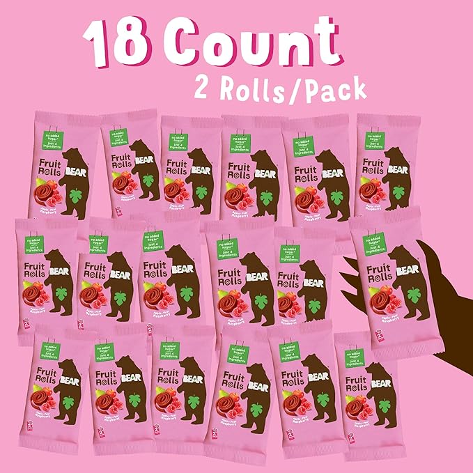 BEAR Real Fruit Snack Rolls - Gluten Free, Vegan, and Non-GMO - Raspberry – 36 Rolls, Healthy School And Lunch Snacks For Kids And Adults, 0.7 Ounce (Pack of 18)