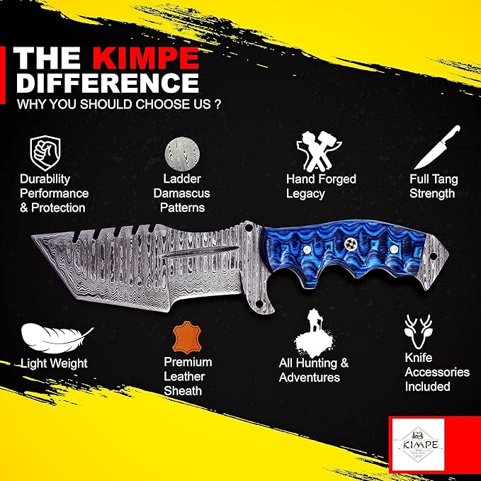 KIMPE 10.5’’ Damascus Hunting Knife with Leather Sheath-Fixed Blade EDC Knife-Bushcraft Knives-Wood Handle-Best Camping & Survival Knives-Knives for Men. (Pakka-Blue)