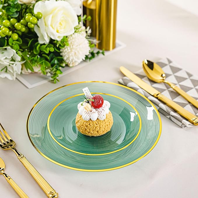100PCS Transparent Green Gold Plastic Plates, 10 Inch Heavy Duty Disposable Dinner Plate with Gold Rim, Round Party Plates for Wedding, Party, Camping, Picnic, Birthday