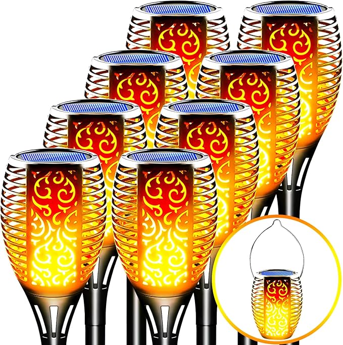 8 Pack Solar Lights Outdoor - Upgraded Solar Tiki Torches with Realistic Flickering Flame, 3-in-1 Fire Effect Hanging Lantern for Garden, Pathway, Yard, Patio - Waterproof & Auto On/Off