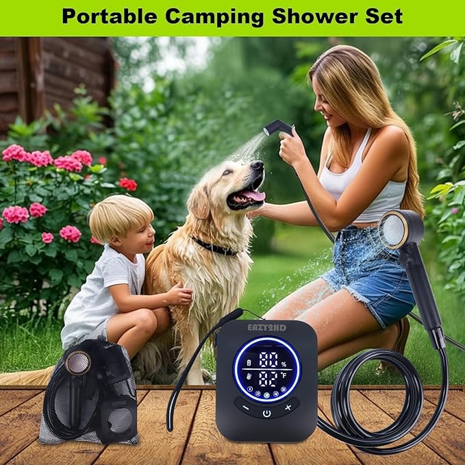 Eazy2hD Portable Camping Shower 8000mAh Rechargeable Outdoor Shower Pump with Intelligent Display, 4 Spray Modes, IPX8 Waterproof for Camping, Hiking, Pet Bath,Car Washing,Surf & Boat Cleaning