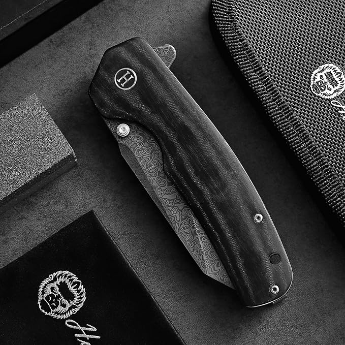 Holtzman's Gorilla Survival 'Clip Point' Folding Knife featuring D2 Steel Blade with G10 Tactical Handle in Gift Box Set (Damascus)