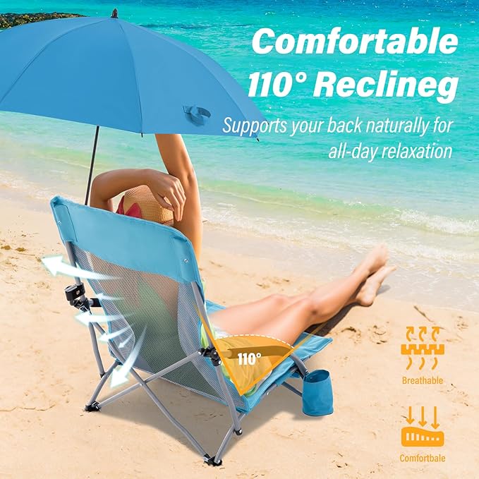 Homcosan Portable Low Folding Beach Chairs Set of 2 with Detachable Umbrellas - Lightweight Camping Chairs for Adults with Cup Holder & Storage Pockets, Carry Bag Included (Blue)