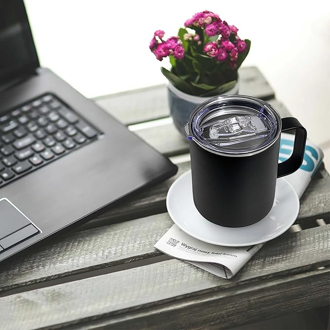 16 Pack Stainless Steel Insulated Coffee Mug Bulk with Handle & Lids, Powder Coated 12oz Vacuum Insulated Double Wall Mug for Laser Engrave, Black