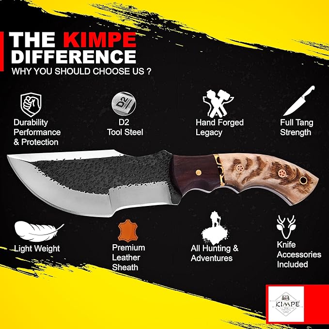 KIMPE 10" Handmade D2 Steel Tracker Knife-Survival & Hunting Knife with Holster-Full Tang Fixed Blade Knive with Ram Horn Handle-Knives for men.(D2 Ram Horn)