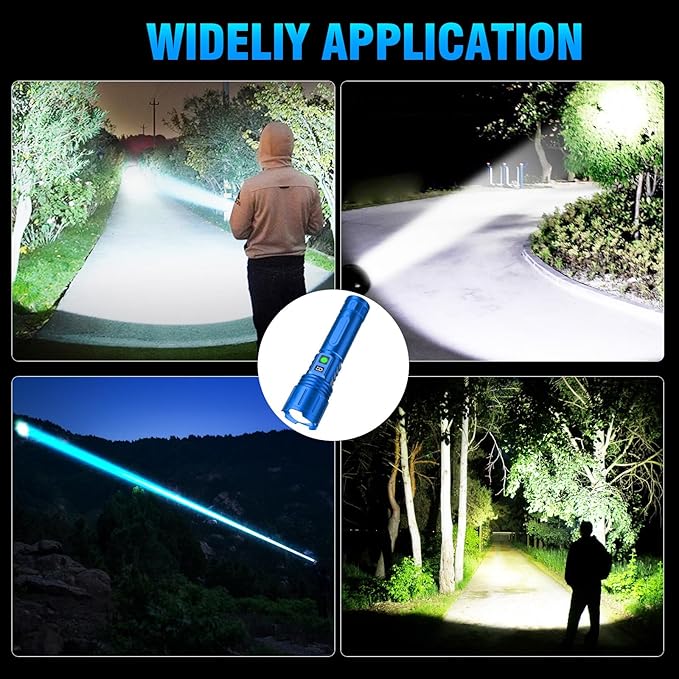 Flashlights High Lumens Rechargeable - 1500 Meters Long Beam Super Bright LED Flash Light with Power Display & IPX5 Waterproof for Camping, 20H Runtime,5 Modes,Zoomable Handheld Flashlight-Blue