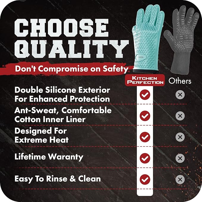 KITCHEN PERFECTION XL Silicone Smoker Oven Gloves -Extreme Heat Resistant BBQ Gloves -Handle Hot Food Right on Your Grill Fryer & Pit | Waterproof Oven Mitts Grill Gloves |Superior Value Set+3 Bonuses