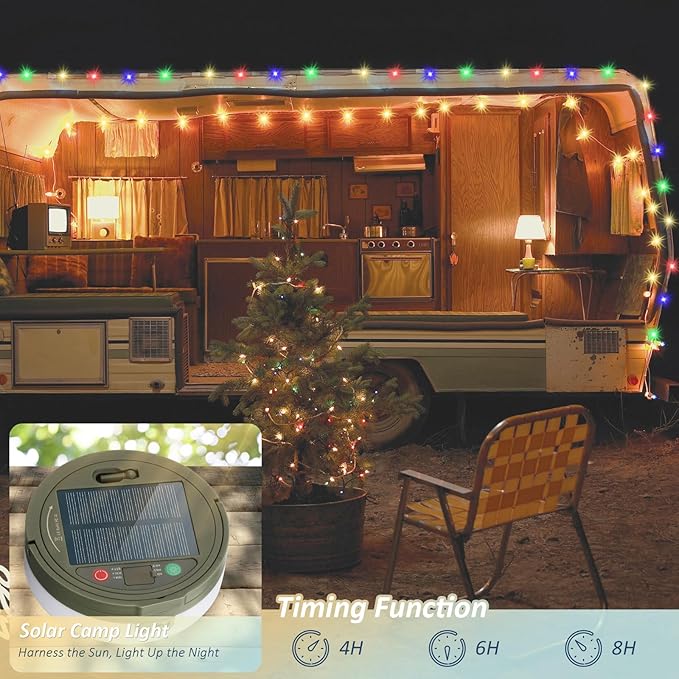 Camping String Lights, 32.8Ft Solar Camping Lights, Portable Waterproof Camp Lamp with 13 Lighting Modes, Hanging Rechargeable Tent Lantern for Outdoor, Indoor, Hiking, Yard, Party Decor