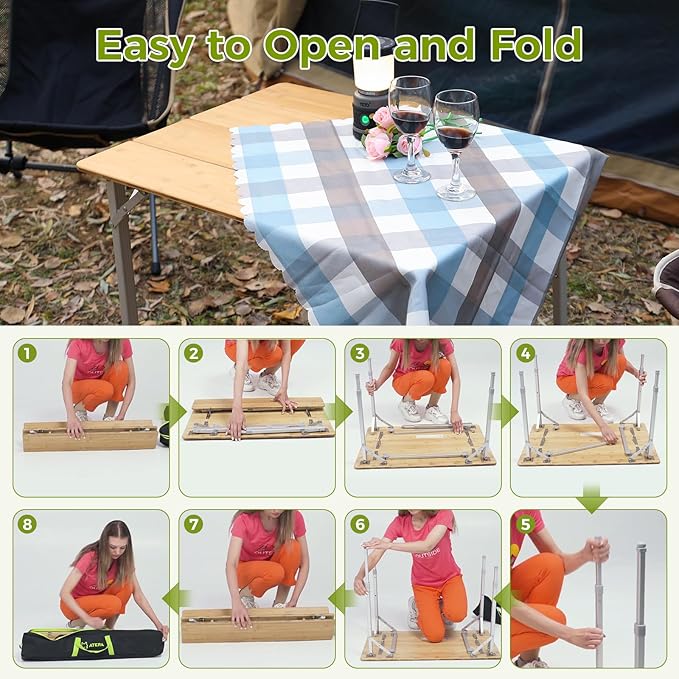 ATEPA Wooden Folding Table, Adjustable Height Folding Tables Environmental Bamboo Camping Table with Aluminum Legs Carry Bag for Travel Picnic Beach Fishing Outdoor Indoor, 2-4 Person