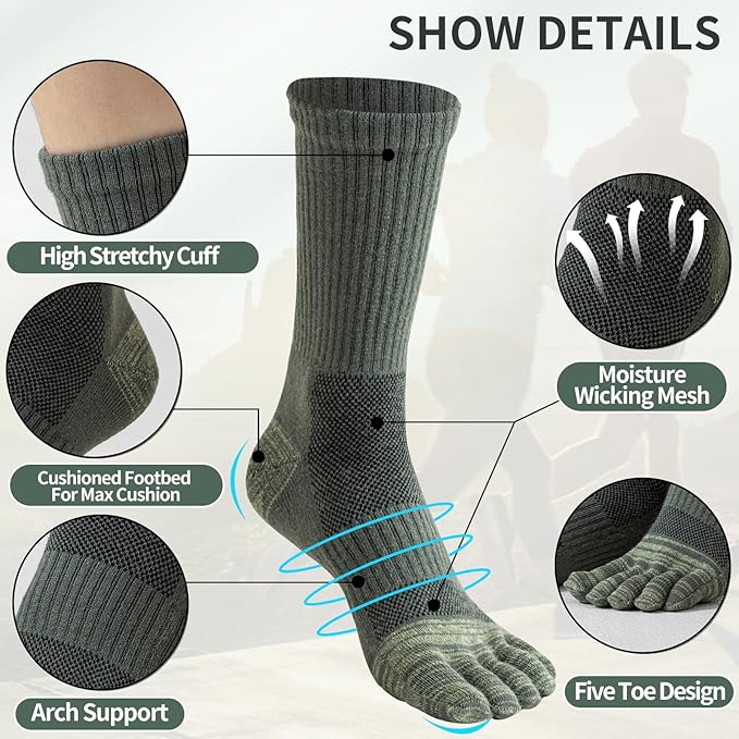 Merino Wool Toe Socks For Hiking Men&Women Thermal Winter Warm Boot Work Cushion Five Finger Socks 3 Pairs