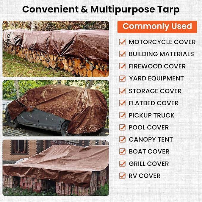 Tarp 6x8FT, 16 Mil Heavy Duty Large Tarps, Waterproof Tarp with Brass Grommets and Reinforced Edges, UV Resistant, Tear&Fade Resistant Poly Tarp for Outdoor Camping Pool Car Tent