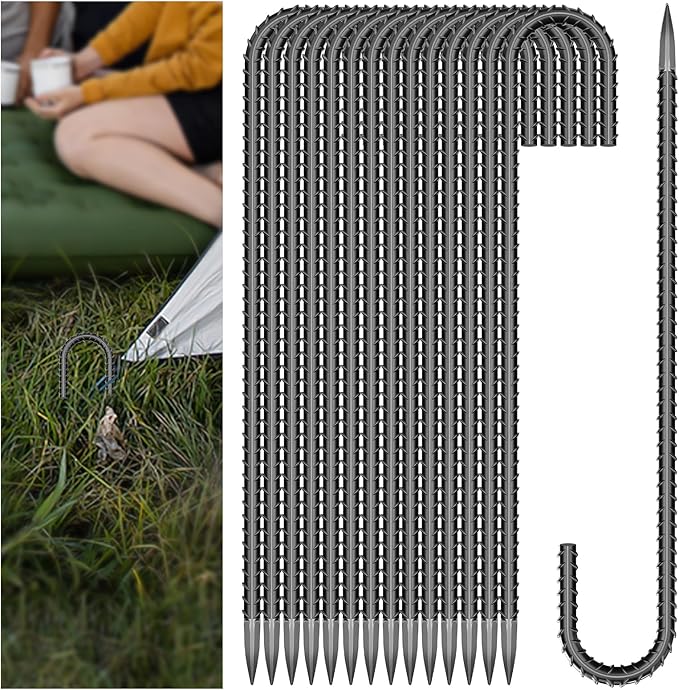 20 Pieces J Hooks Rebar Metal Tent Stakes 16 Inch Galvanized Ground Anchors Yard Stakes for Landscape Fabric Artificial Turf Heavy Duty Anti Rust for Outdoor Lawn Decorations Inflatables Swing Set
