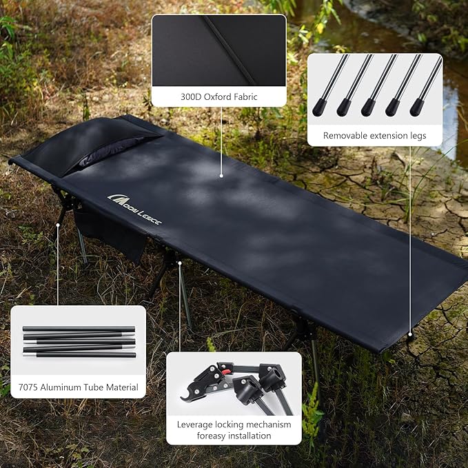 MOON LENCE Height Adjustable Camping Cot - Supports 330 lbs, Portable Folding Bed with Leg Extenders for Camping, Hiking, Sleeping, 1 Pack, Black