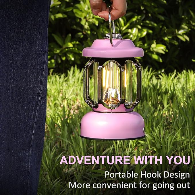 Rechargeable LED Camping Lanterns, 2000mAh Vintage Camping Lights Battery Operated Rechargeable , Hanging Retro Metal Hiking Tent Lamp for Emergency, Hurricane,Decoration,Home,Pink,2 Pack