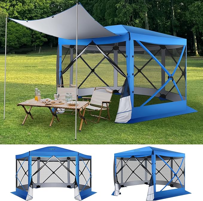 COBIZI 12x12 Pop up Gazebo Screen House Tent for Camping, Outdoor Canopy with Removable Roof & Mosquito Netting, Portable Hub with Carrying Bag and Ground Stakes, Blue