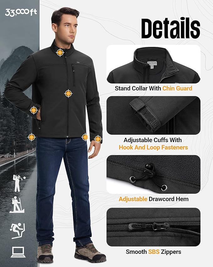 33,000ft Men's Waterproof Softshell Jacket Warm Fleece Lined Windbreaker Lightweight Soft Shell for Travel Hiking Golf
