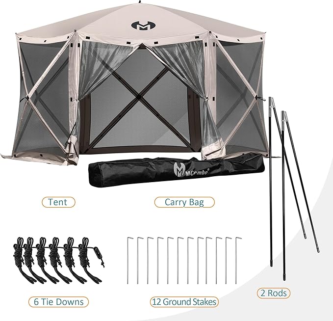 Exacme Portable Gazebo Pop up Tent for Camping, Outdoor Four Sides Pop-up Clam Screen Tent with Canopy Shelter, 1024 (6PC, Light Brown)