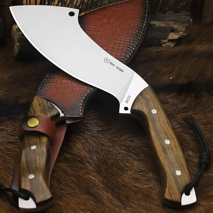 BA-KOR USA (Savior III) 8mmDC53 steel 35CM (14 ") full Tang fixed knife with leather sheath and (5.9 ") ceria ignition head, suitable for outdoor hunting, camping, clearing, adventure, fishing, EDC, BBQ (BA-K0d(8mm))