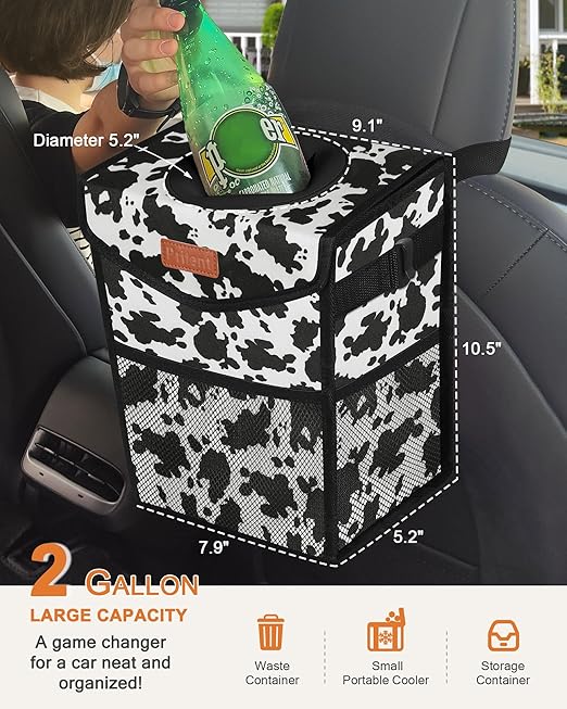 Car Trash Can with Lid, Cute Leakproof Car Trash Garbage Bag Hanging Vehicle Trash Bin Small Portable Automotive Garbage Cans Organizer for Back/Front Seat/Console(Trapezoid,Cow Print)