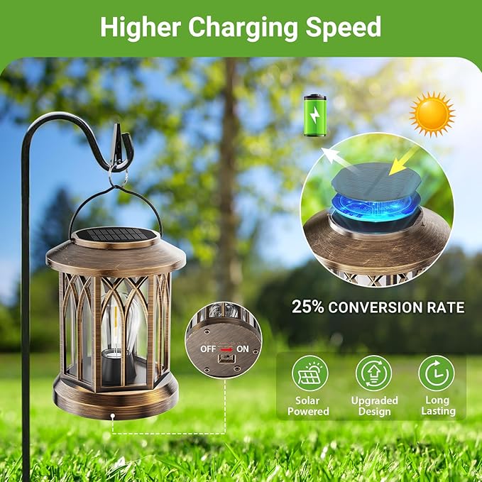 WdtPro Solar Lanterns Outdoor Lights, 2 Pack Bright Lanterns Outdoor Waterproof with Clip Patio Decor, Hanging Solar Lights for Outside Garden Yard Front Porch Table Decoration (Antique Copper)