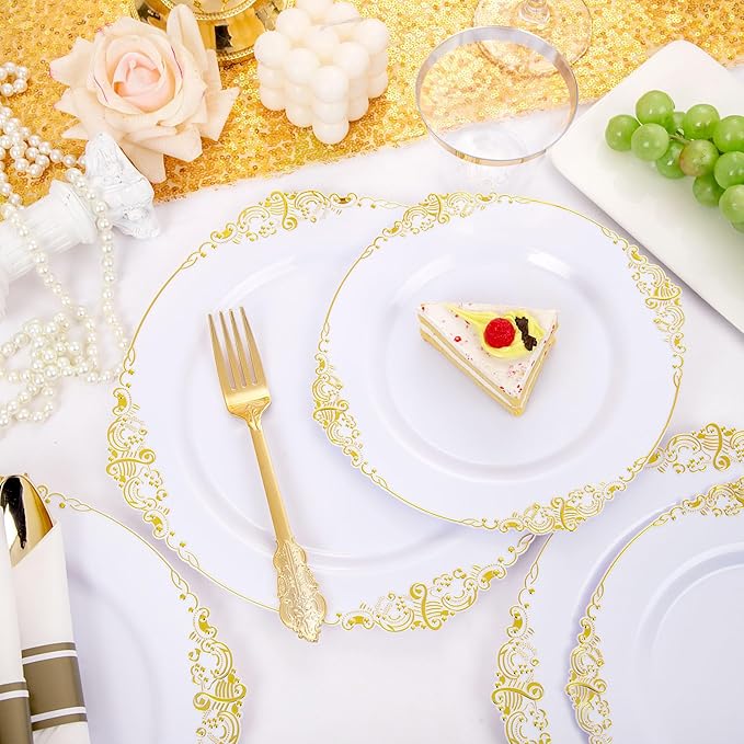 Nervure 175PCS Gold Plastic Plates - Disposable White Gold Party Plates & Pre Rolled Napkins with Cutlery for 25 Guests, 50Plates, 75Silverware, 25Cups, 25Napkin for Wedding & Party & Thanksgiving