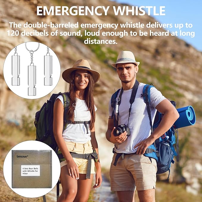 4 Sets Bear Bells with Whistle for Hiker, Loud Bear Bell with Emergency Whistle, Bear Bells for Hiking, Outdoor Camping, Survival, Biking, Fishing, Climbing, Hunting, Pet Tracker