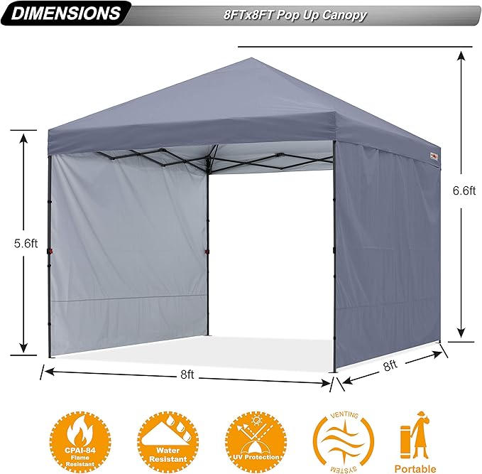 ABCCANOPY Easy Pop up Canopy Tent with 2 Sidewalls for Outdoor Sun Blocking or Rain Protection,8X8, Gray