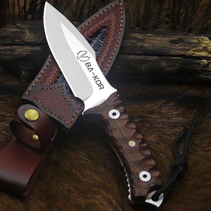 BA-KOR Yellow pear wood handle 6mm 9CR18MOV steel (10.6IN) full Tang forged fixed knife + sheath & (5.9IN) iron ceric igniter, suitable for outdoor camping, tactical survival, EDC, hunting knife (6mm - King Crocodile)