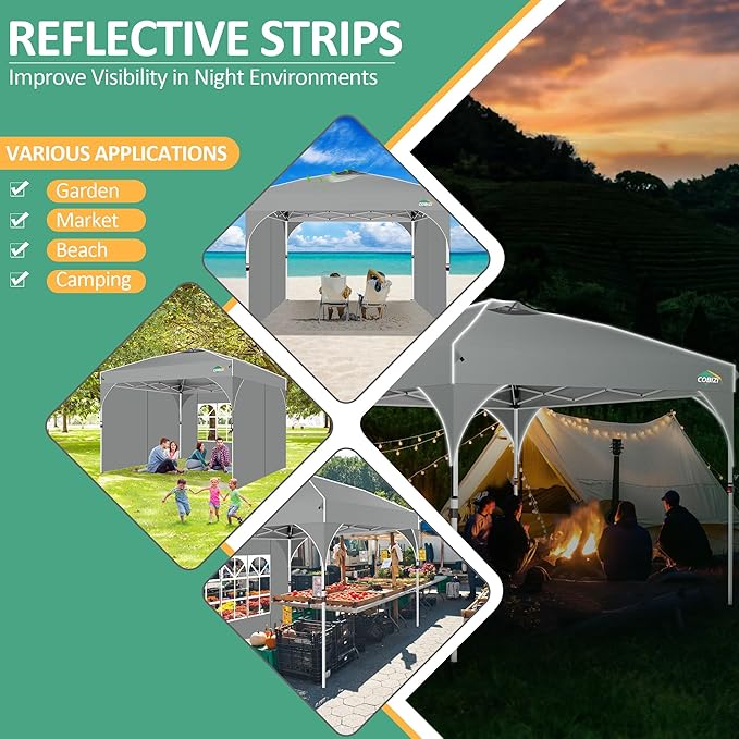 COBIZI Canopy Tent 10x10, Easy Up 10x10 Pop Up Canopy for Party Camping, Party Tents with One Push Central Button Air Vent, Outdoor Gazebo Tent with Sidewalls and Reflective Strip(Grey)