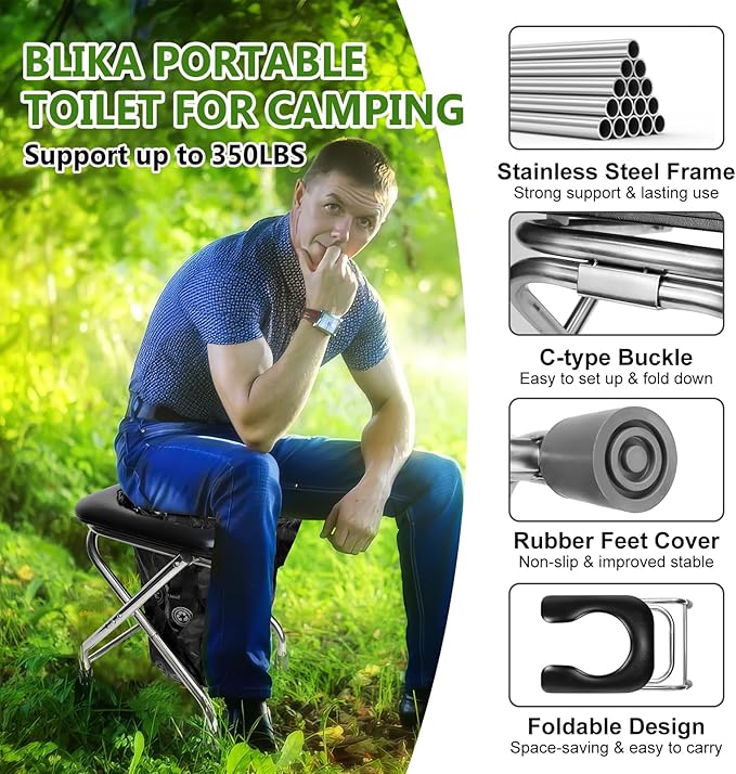 BLIKA Portable Toilet for Camping, 350LBS Stainless Steel Foldable Camp Travel Toilet with Soft Seat for Adults, Portable Potty for Camping, RV Travel, Road Trips, Includes Waste Bags with Gel