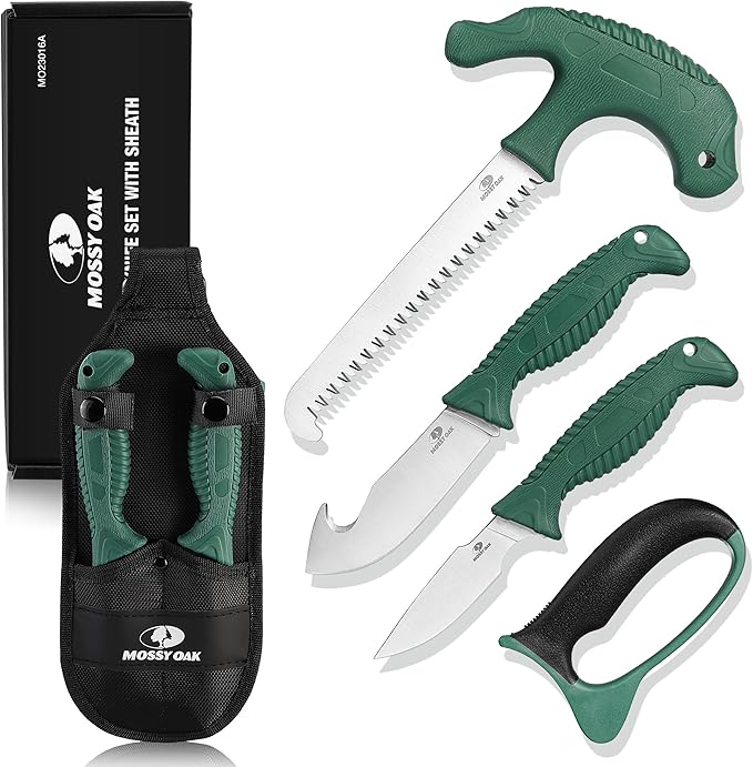 Mossy Oak Field Dressing Kit, 4 Pcs Hunting Knife Set with Portable Sheath, Gut-Hook Skinner, Caping Knife, Wood/Bone Saw, Knife Sharpener, for Deer Hunting, Camping, Perfect Hunting Gifts for Men